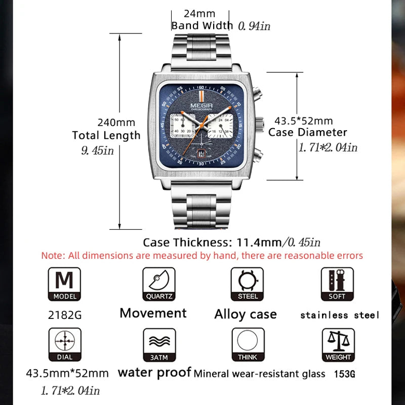 Мужские наручные часы с квадратным циферблатом и хронографом
