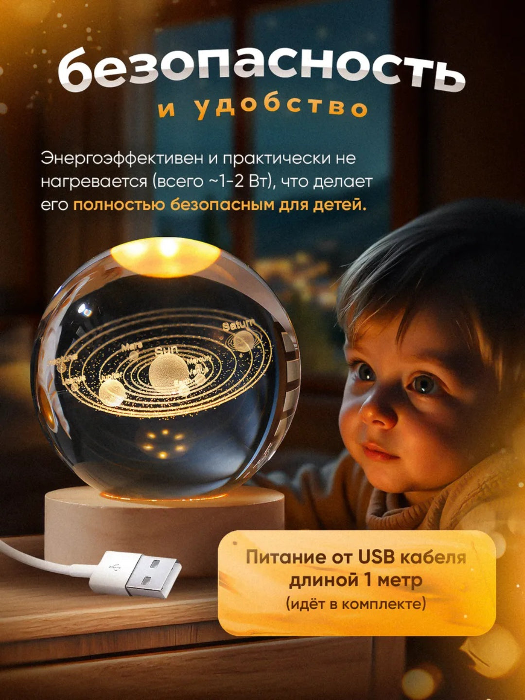 Мини-ночник с 3D-кристальным шаром