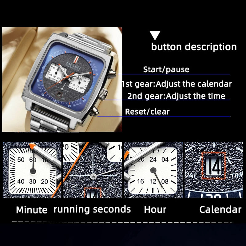 Мужские наручные часы с квадратным циферблатом и хронографом