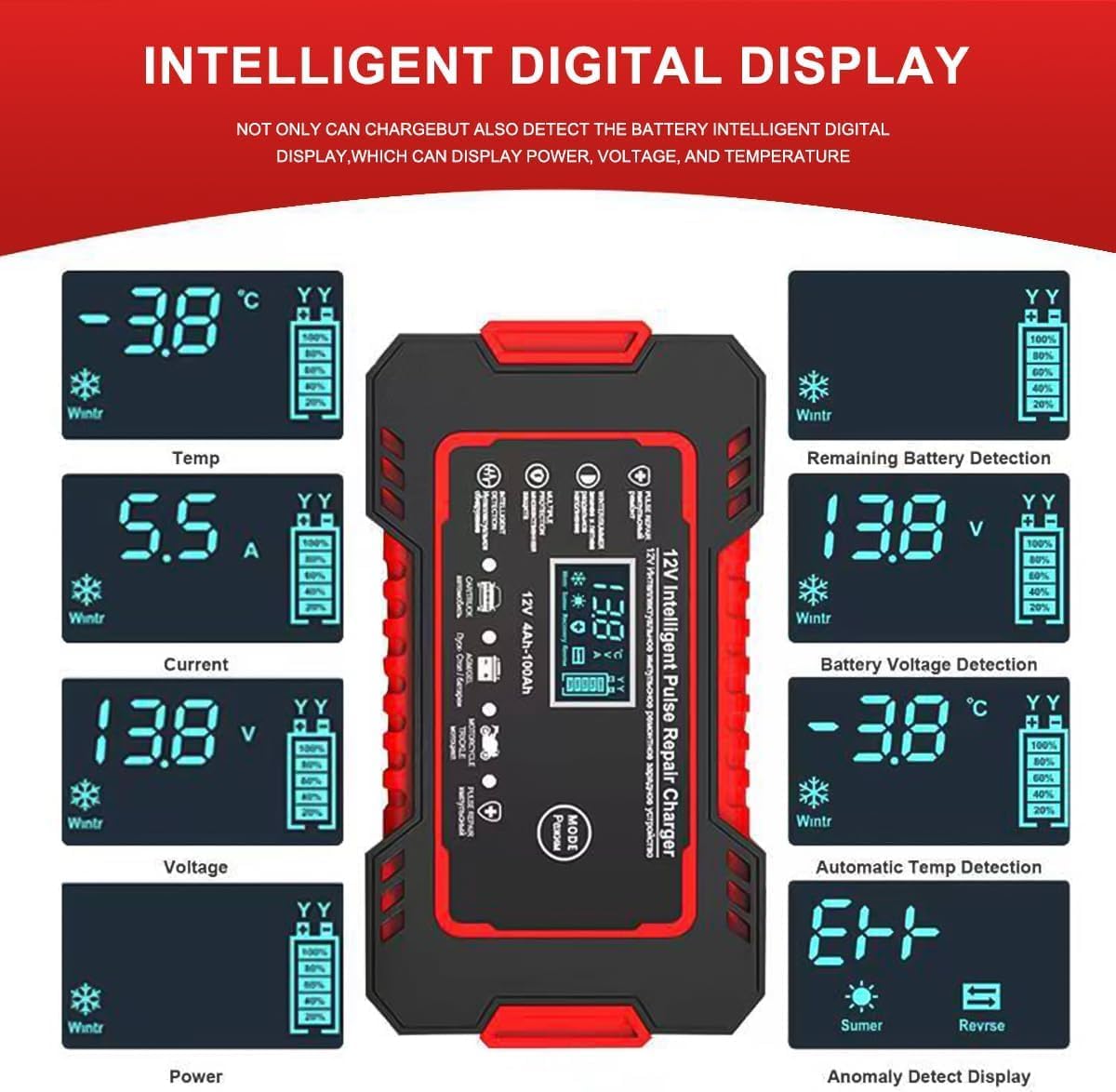 Автомобильное зарядное устройство для аккумулятора с ЖК-дисплеем