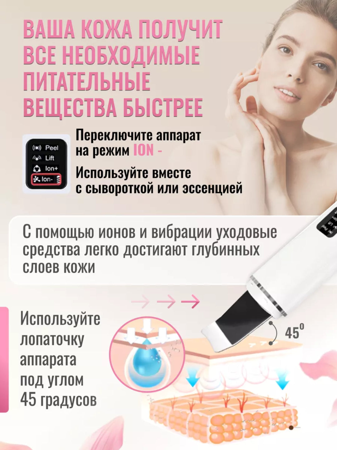 Профессиональный ультразвуковой ионный скрабер для кожи