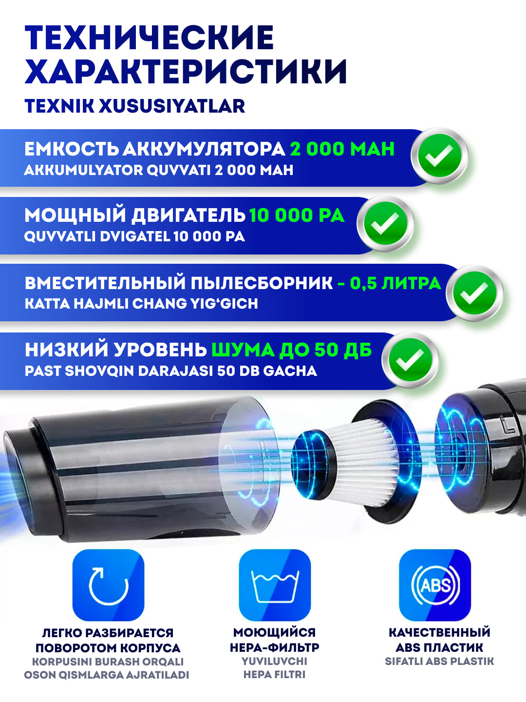 Беспроводной перезаряжаемый автомобильный пылесос