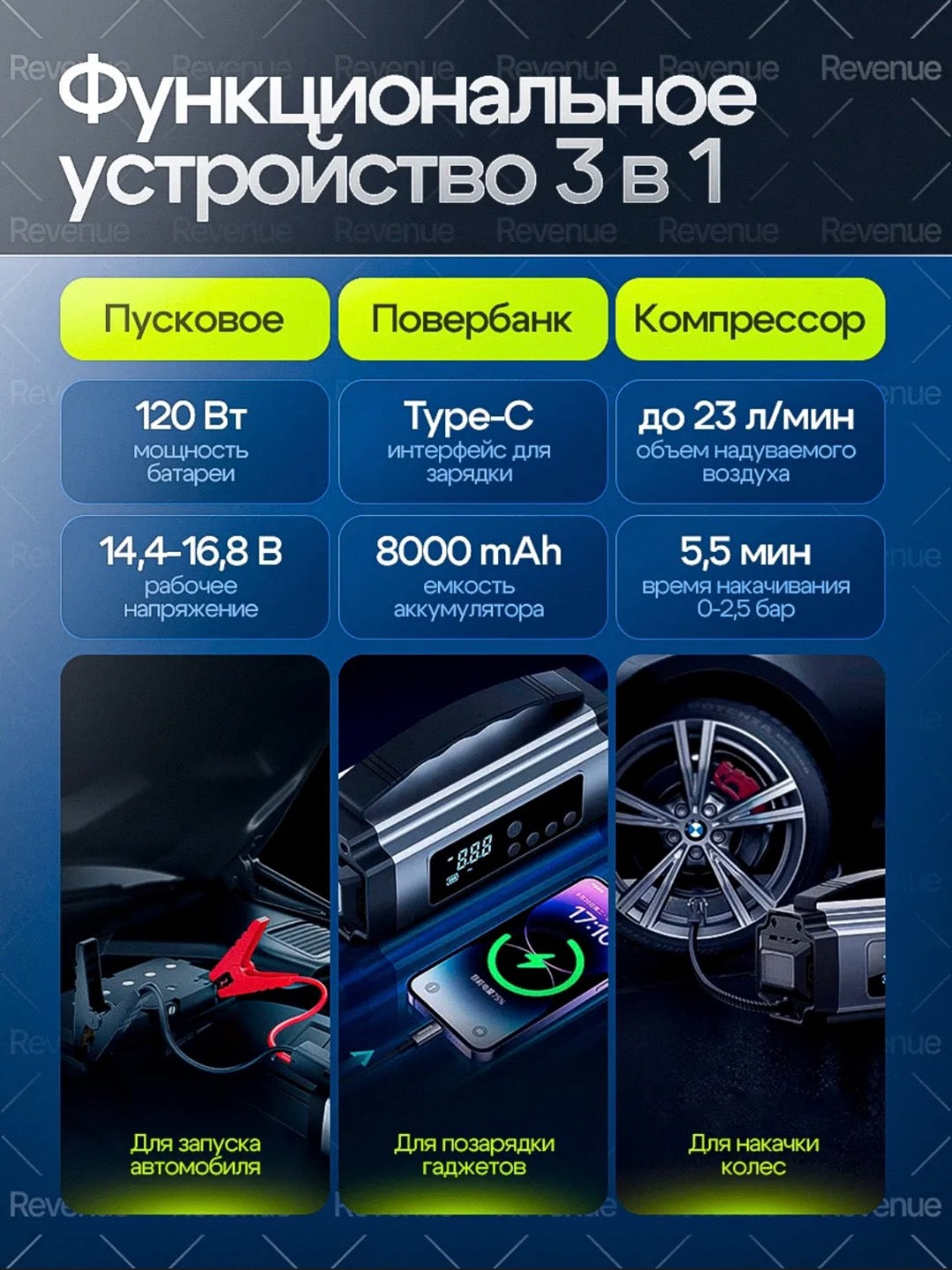 Пуско-зарядное устройство 3-в-1 стартер, внешний аккумулятор и LED-фонарь