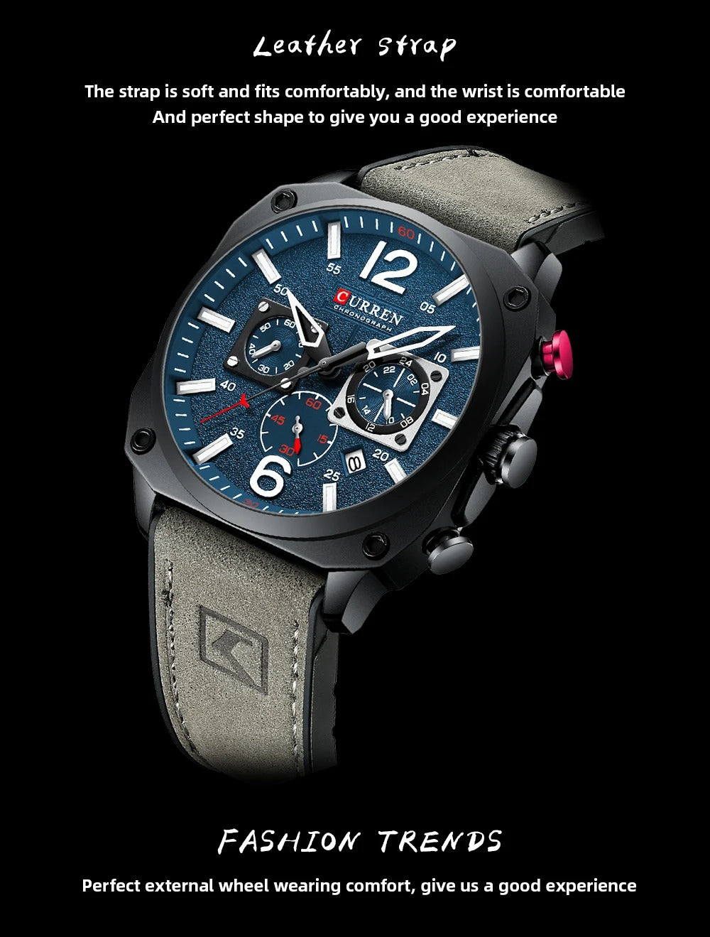 Мужские модные кварцевые часы с кожаным ремнём